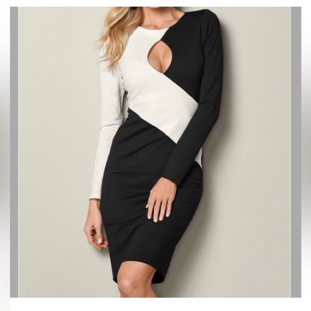 VENUS Colorblock Bodycon Dress (Color: Black & White, Size: 2)
